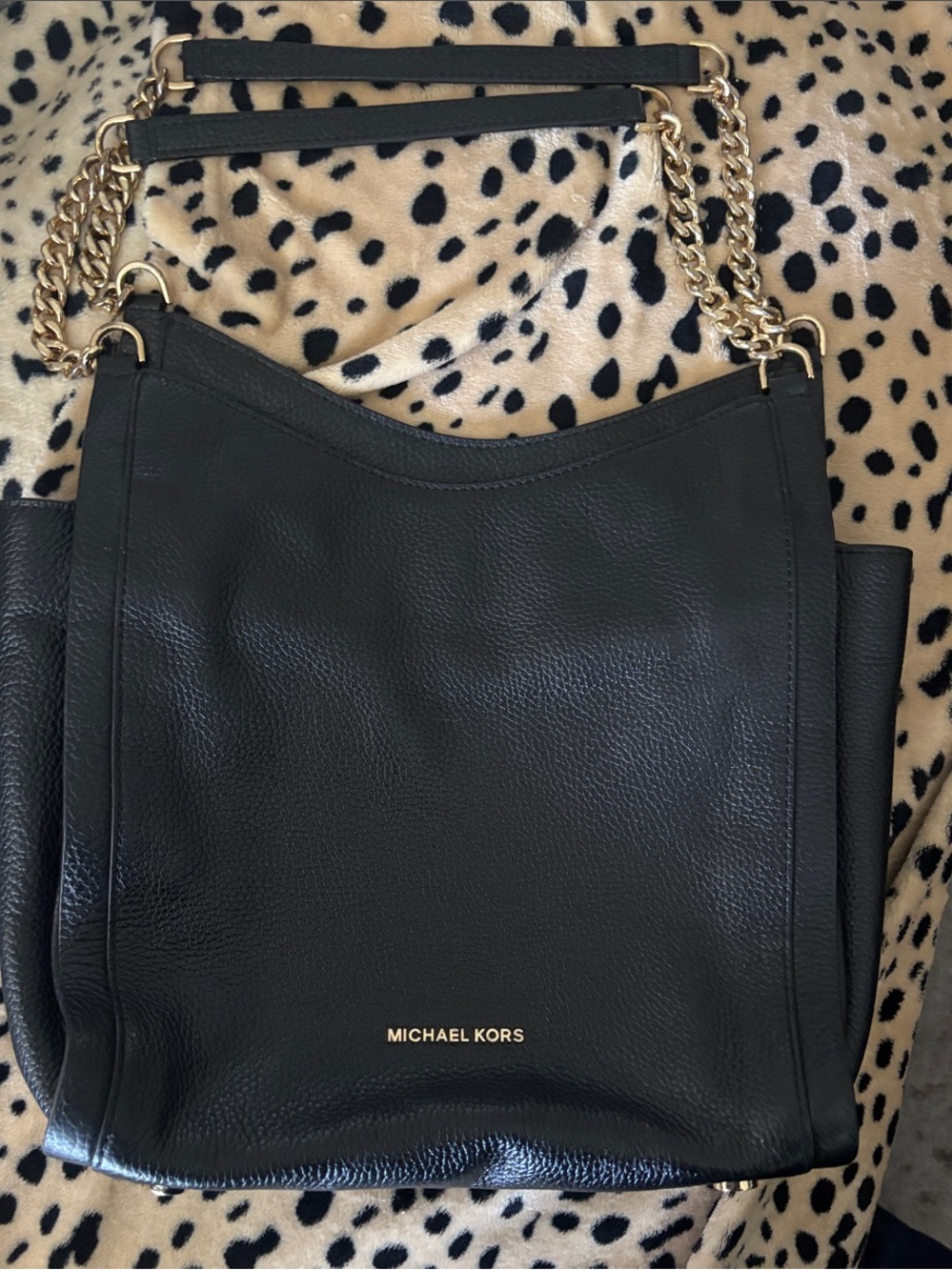 Michael Kors Black Leather Shoulder Bag with Gold Chain Straps